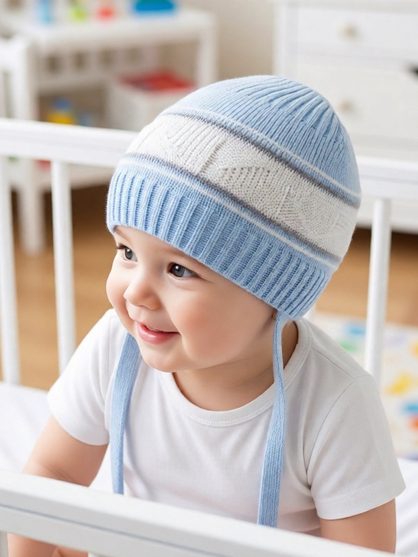 Однослойная вязаная шапочка с завязками, хлопковая фото 1 &mdash; MamaEmma.ru