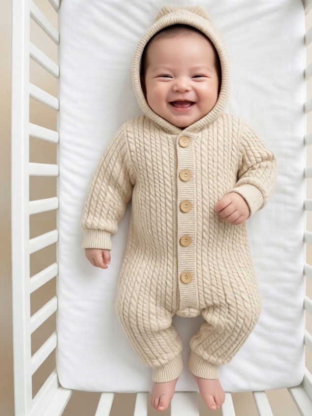 Комбинезон с капюшоном вязаный на подкладке для малышей фото 1 &mdash; MamaEmma.ru